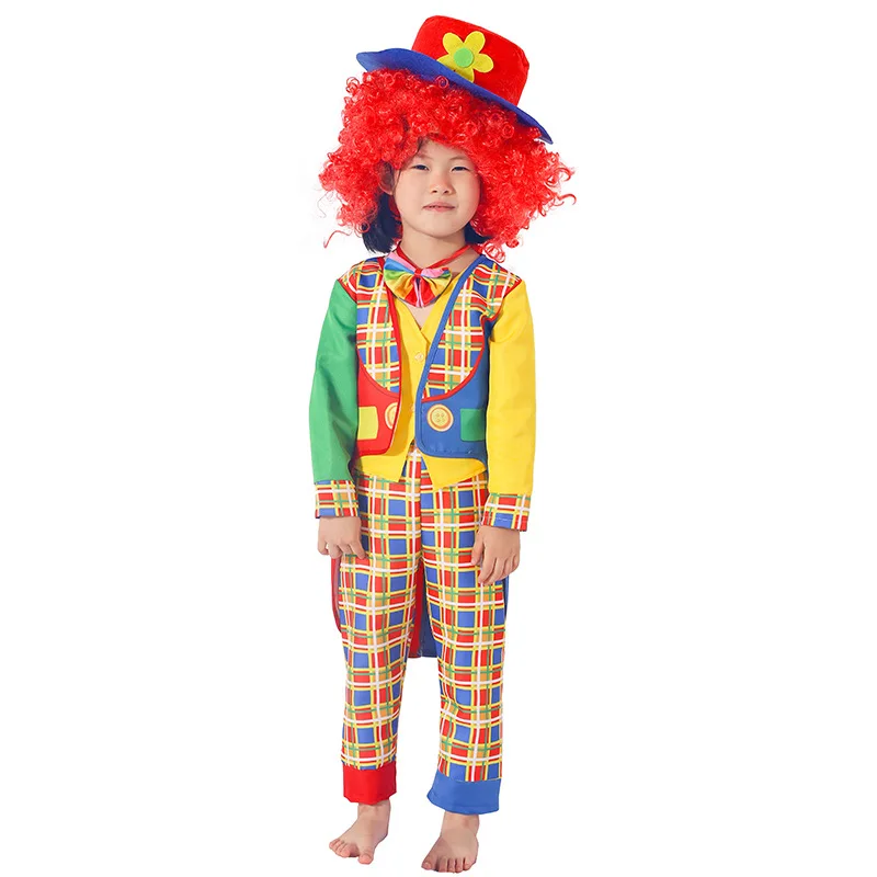 Funny Clown Performance Costume Hat Top Pants Bow Tie Wig 5pcs Children Checkered Clown Outfit Circus Stage Cosplay Party Props