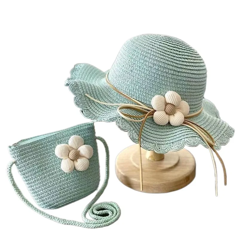 Summer Baby Flower Straw Hat With Handbag Bags 2pcs Set For Kids Little Girls Sun Cap Visor UV Protection Panama Hat gorras