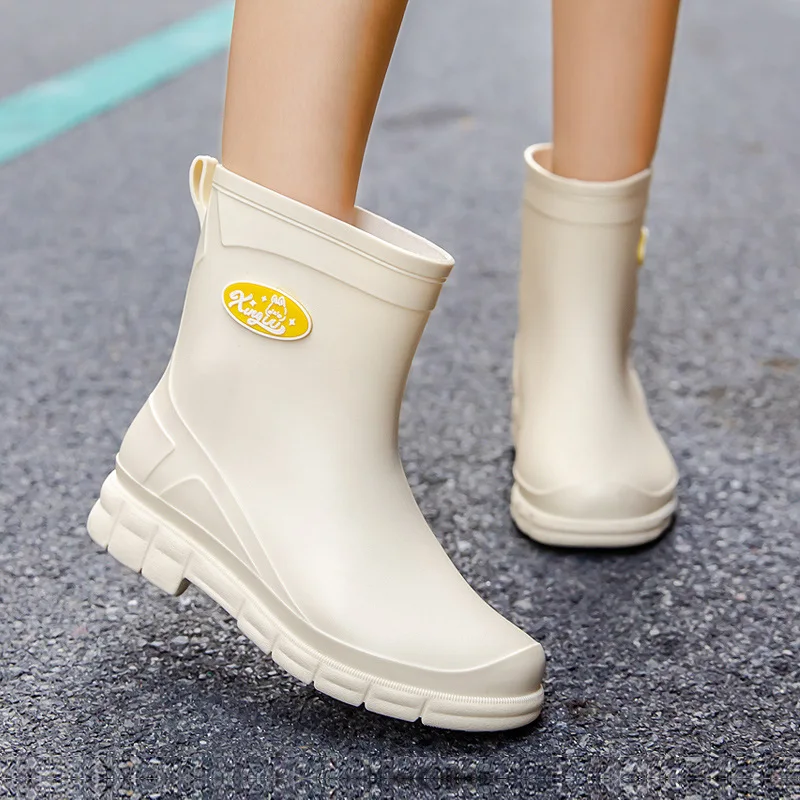 New Women Fashion Mid-calf Rain Boots Outdoor Square Heels Fishing Rainboots Non-slip Waterproof Water Shoes Wellies Boots