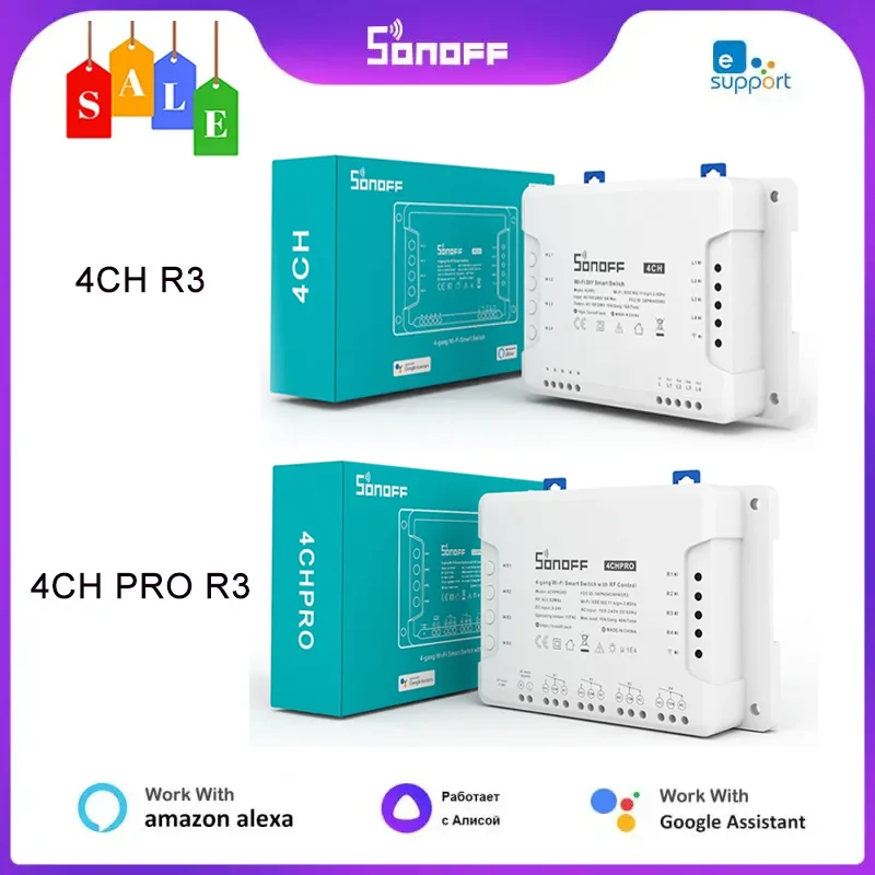 SONOFF 와이파이 스마트 스위치 DIY RF 스위치 모듈, 앱 원격 스위치, 무선 스마트 홈, 알렉사 구글 작동, 4CH R3, 4CH PRO R3, 4 갱