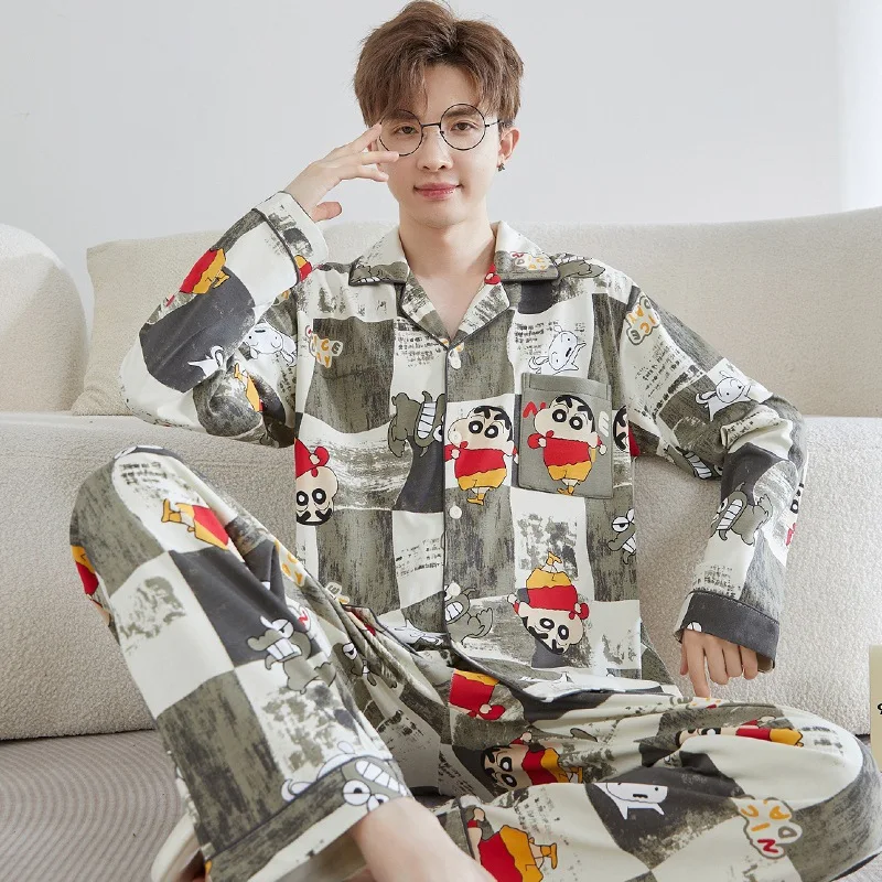 

Men Anime Crayon Shin-Chan Pajamas Set Cotton Nightwear Shirt Long Sleeve Pijama Male Soft Big Size Spring Sleepwear Sleeping