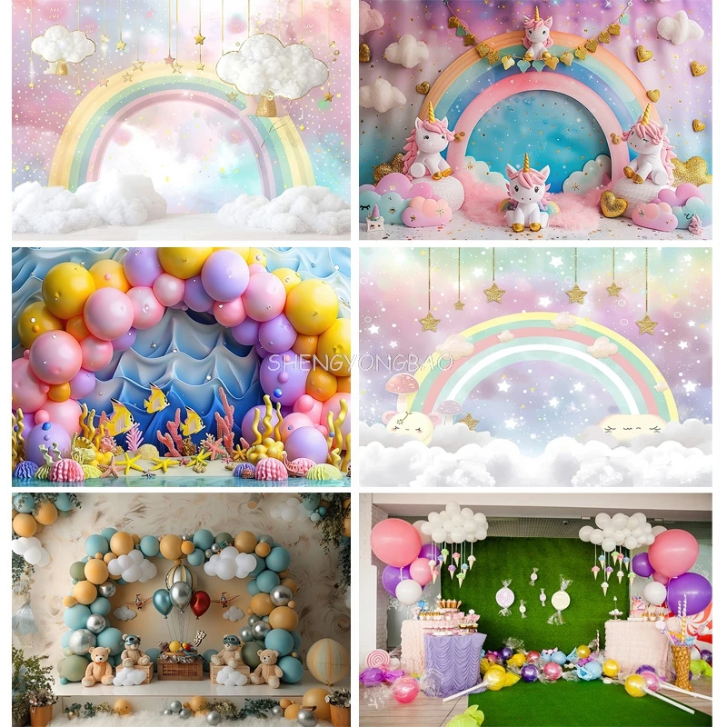 

Rainbows Birthday Party Photography Backdrops Props Unicorn Colorful Balloons Arch Newborn Baby Photo Background Props DF-07