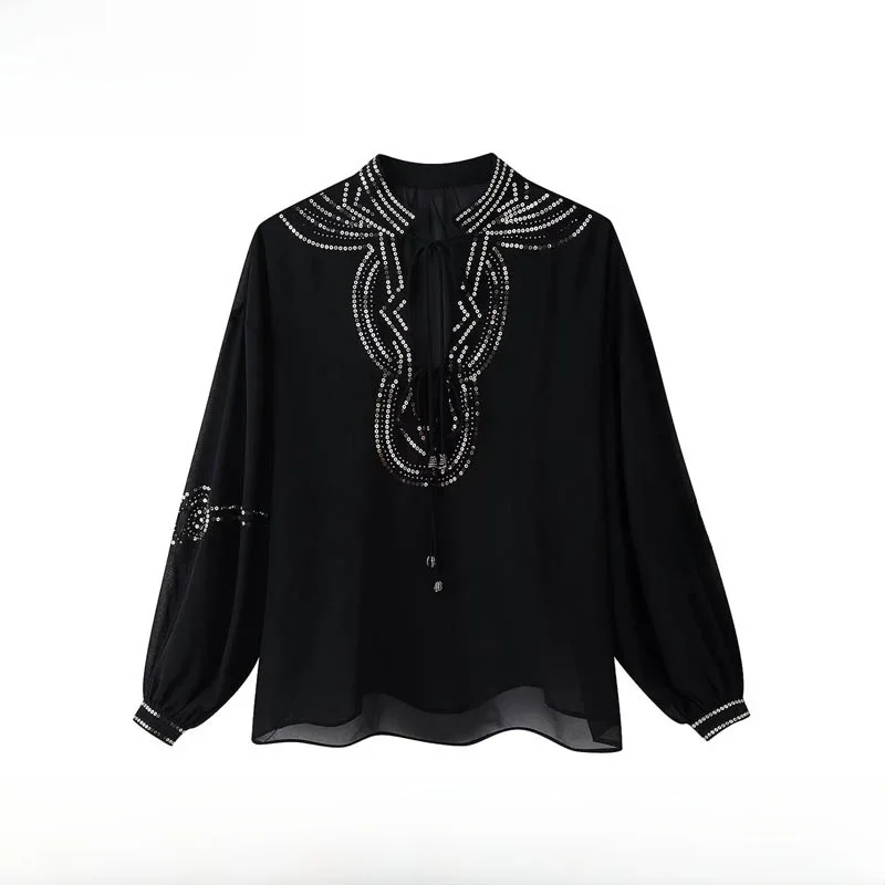 

Fashionable Beaded Shirt Women's Spring Summer New Arrival ZR Style Versatile Bright Sequin Loose Fit Long Sleeve Polyester F...