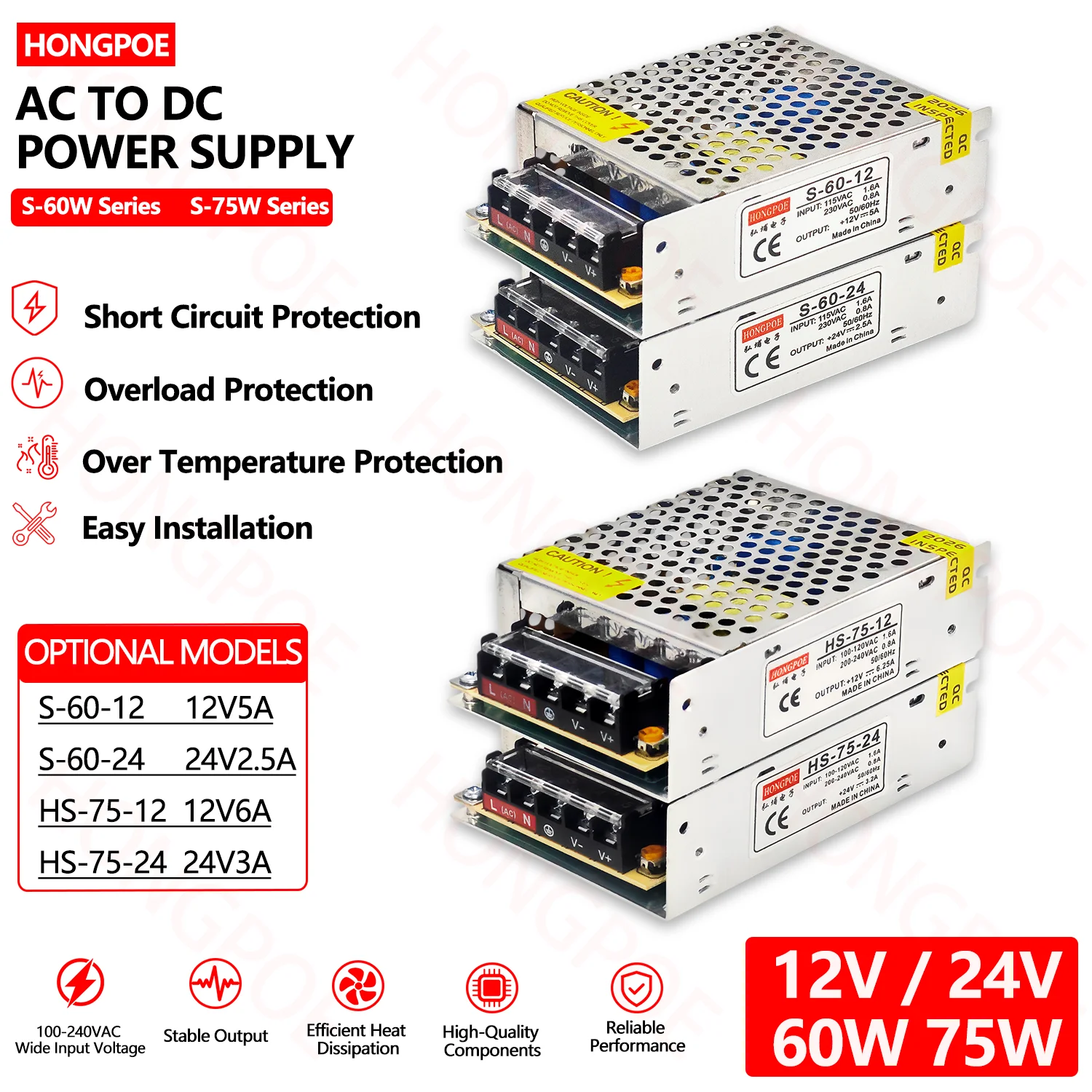 HONGPOE 12V/24V DC Power Supply 60W 75W 100-240V AC to DC Switching Power Supply Transformer for LED Strip Lights and Motors CCT