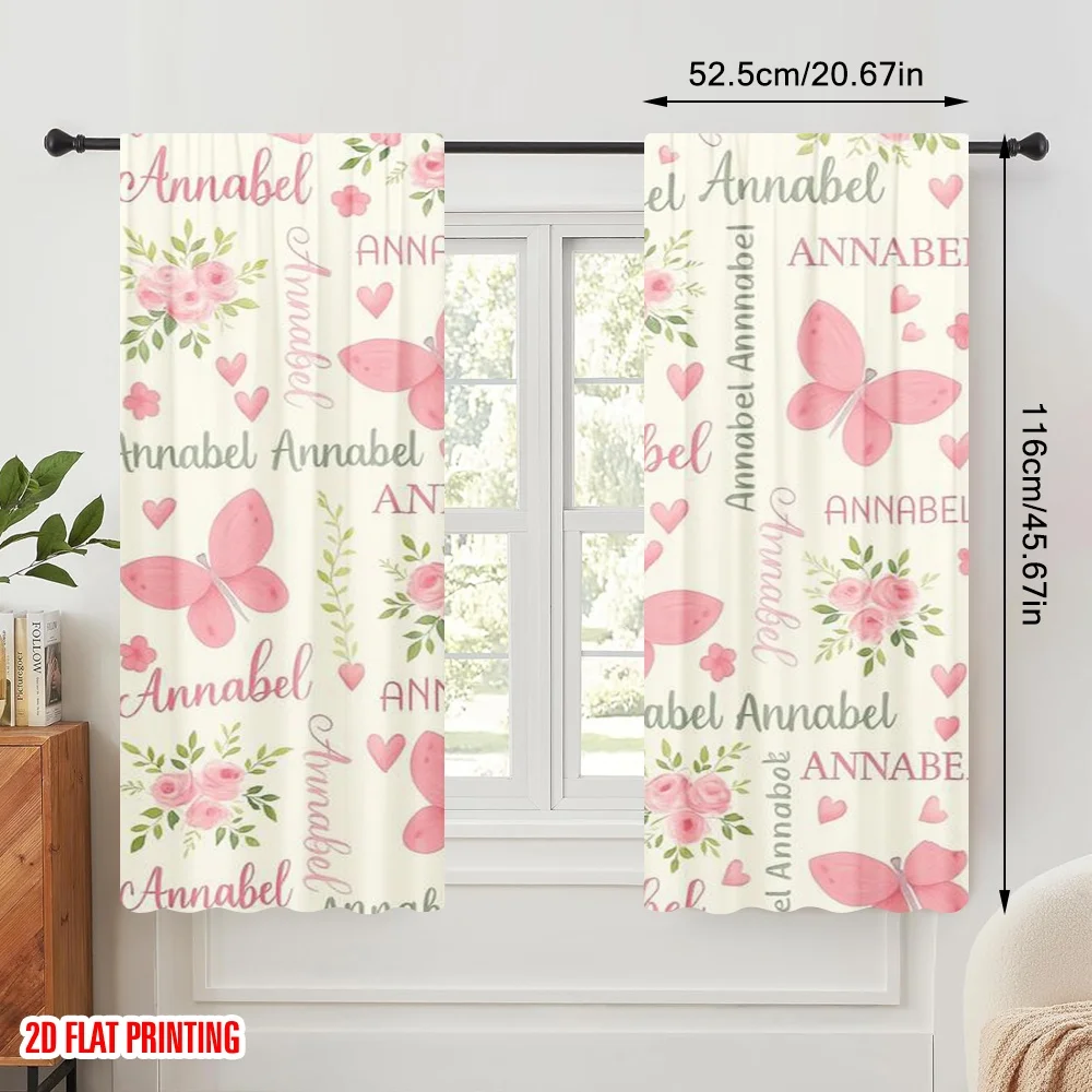 2pcs,2D plane printing Curtain Fabric Pink Butterfly Delight Durable 100% Polyester Fabric (without rod) Holiday Use for Home &