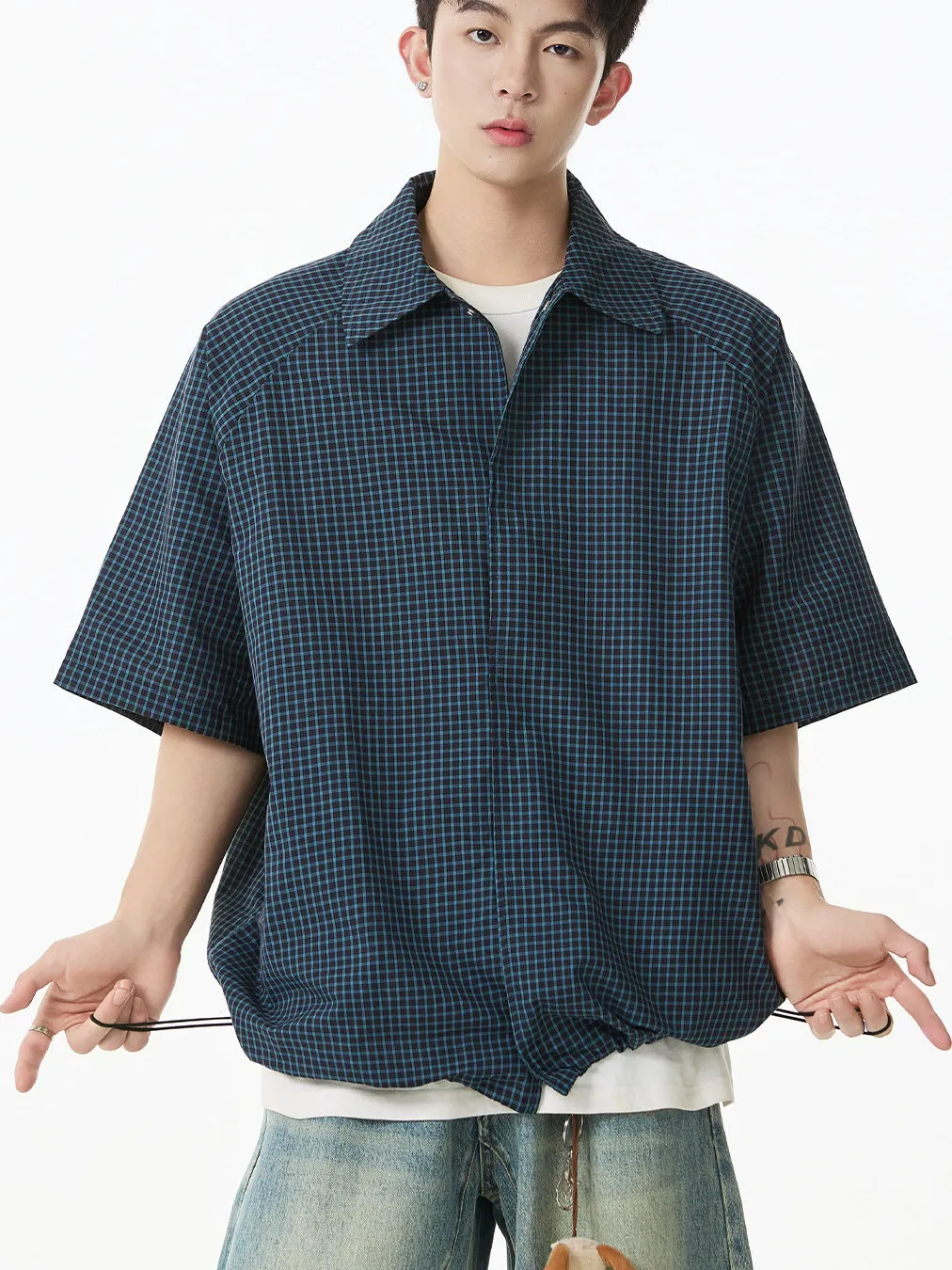 

Мужская футболка American Sle с плиссировкой, королевский синий цвет, в клетку, с коротким рукавом, CleanFit, 3D Wide Dstring, повседневная, свободного кроя, из полиэстера.