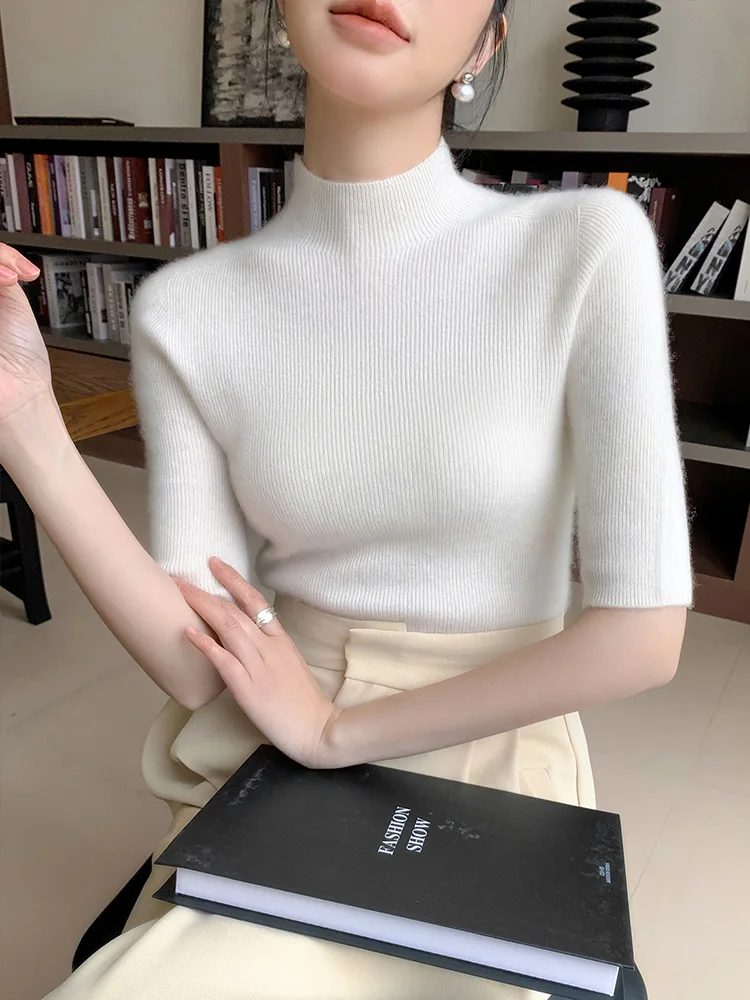 Slim Fit f Cuello alto ort Sve Base de punto irt Camiseta Bla para mujer Five Sve Top ajustado Commute Sle Coreano Ve...