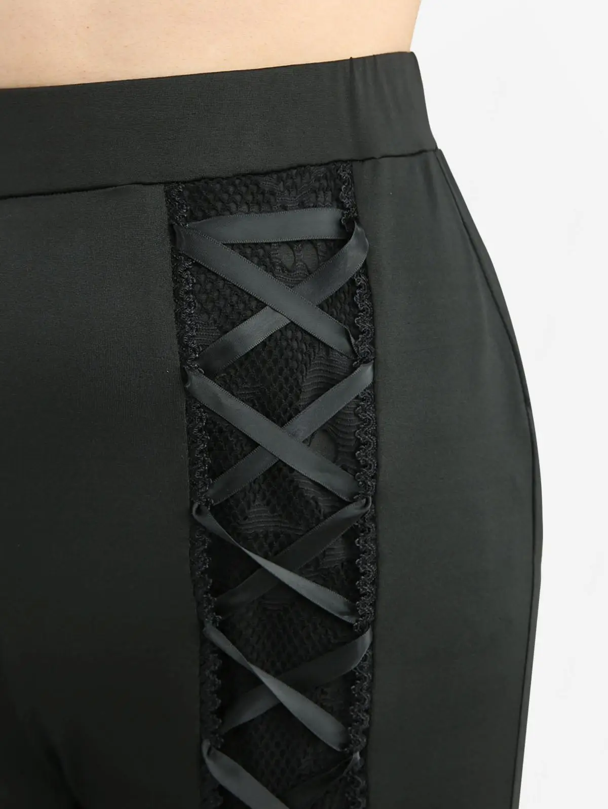 Plus Size Flare Pants Women Casual Black Trousers Skull Fishnet Mesh Trim Lace Up Ruffles High Low Asymmetric Pants
