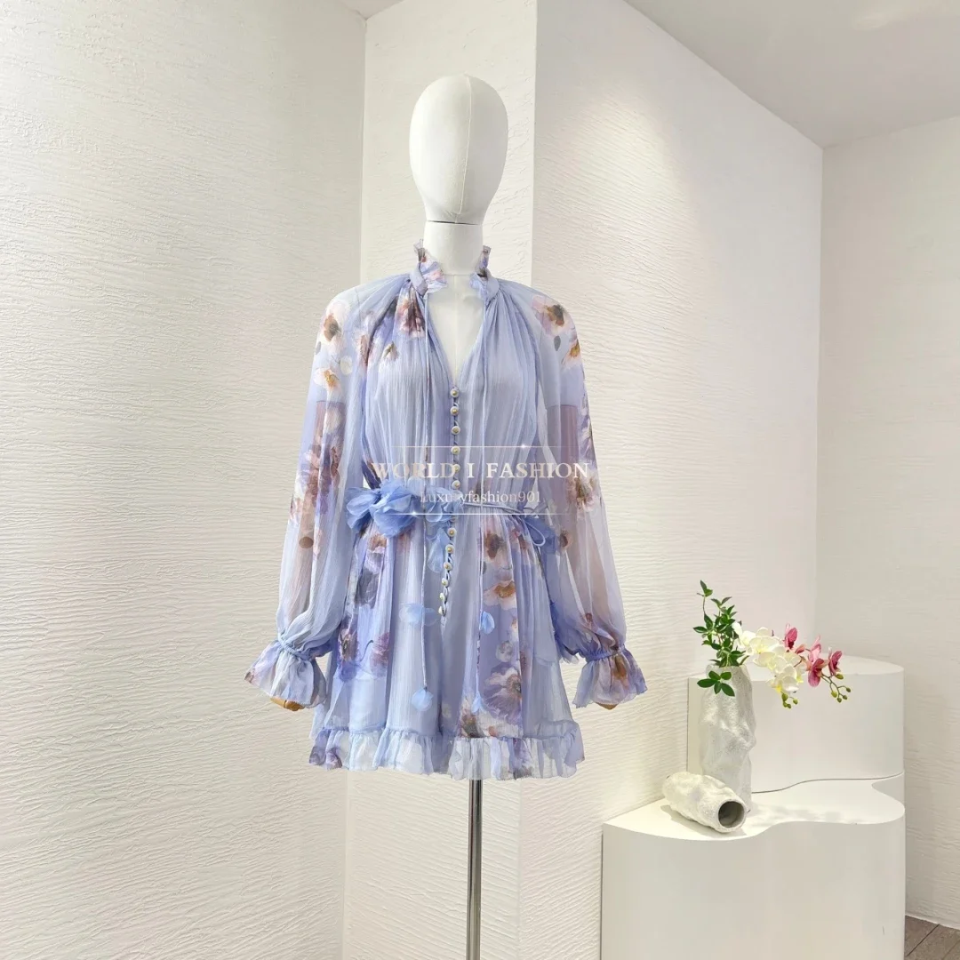 

Violet Purple Floral Print Long Sleeve Ruffles Mini Jumpsuit 2025 New Design