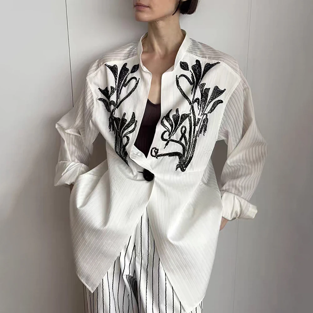 

Cotton Blend Women's Blouse Y2k Beaded Floral One Button Lightweight Dark Stripe Loose Peplum Shirt Tops 2025 Summer New