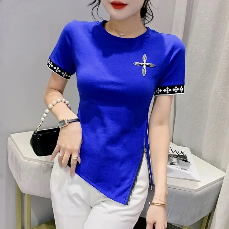 

#5247 Summer Short T Shirt Women Cotton O-neck Sexy Asymmetrical T-shirt Female Side Zipper Slim Women T-shirt Cotton Streetwear