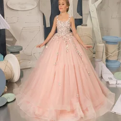 Rosa Tüll Blumen mädchen Kleider für Hochzeiten elegante Geburtstag Prinzessin Kinder Abend party Abschluss ball Erstkommunion Festzug Ballkleider