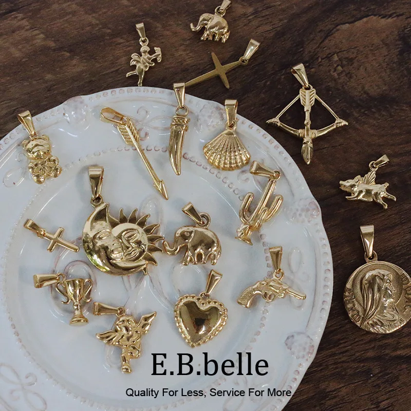 E.B.belle Stainless Steel 18k Gold Plated Pig Elephant Shell Bear Wineglass Arrow Cactus Gun Heart Cross DIY Charm for Necklace