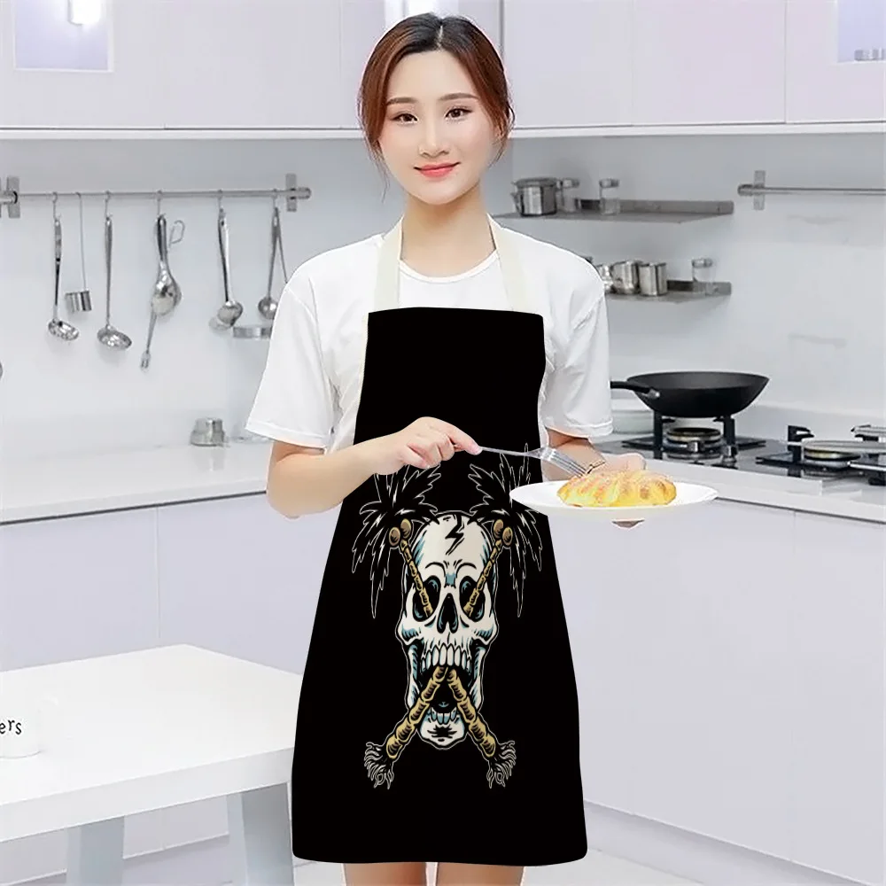 Punk Skull Printing Women Kitchen Aprons Waterproof Cooking oil-proof Cotton Linen Antifouling Chef Apron Cleaning 55x68cm