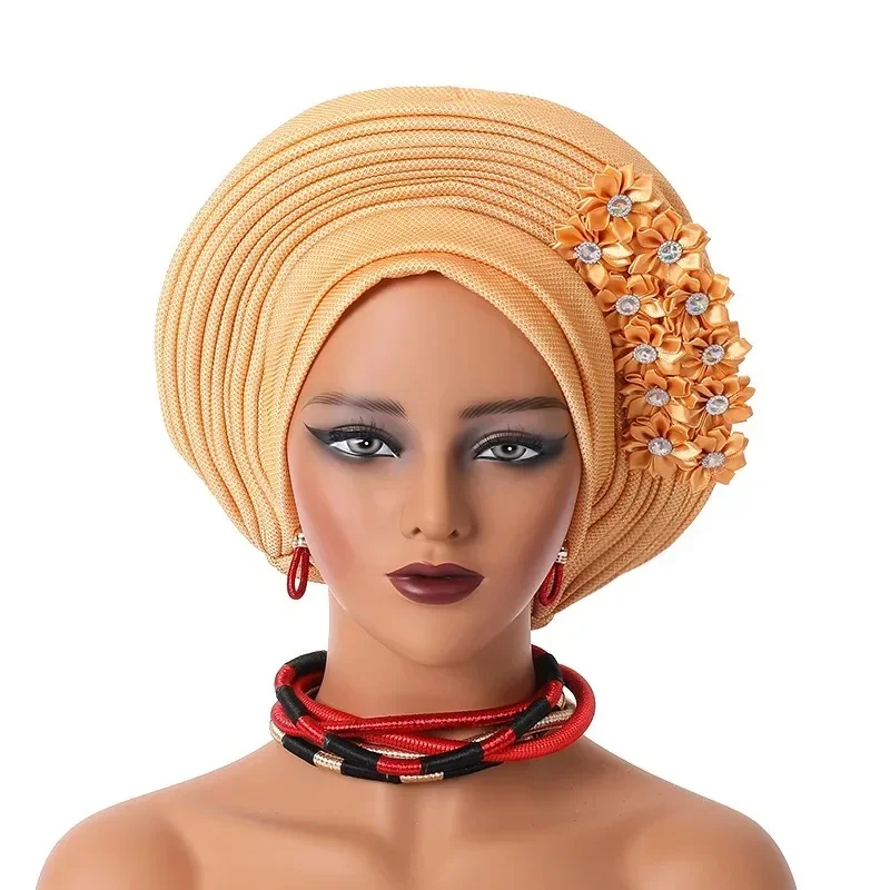 

2024 New African Headtie Turban Nigeria Head Ties with Flowers Already Made Auto Gele Women Head Wraps for Wedding Party Cap Hat