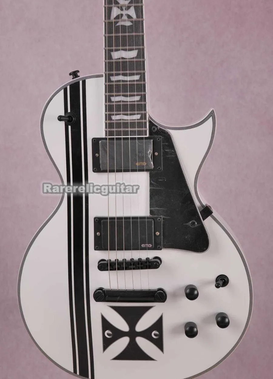 Custom Electric Guitar with Heavy Aged White Finish with Gold Stripes,Iron Cross Inlay