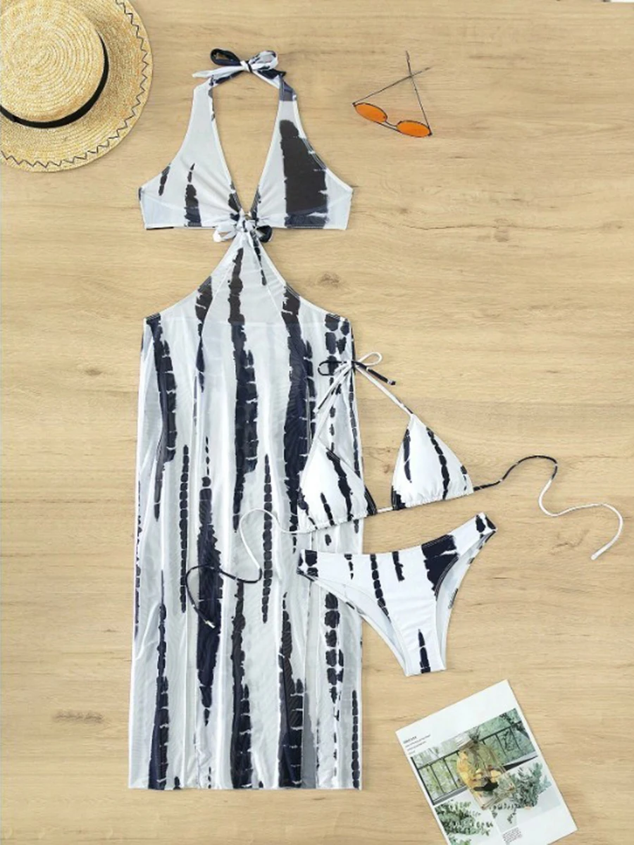 3-teiliger Neckholder-Ring-Link-Bikini 2025 für Damen, Ausschnitt, seitliches Cover-Up-Kleid, Badeanzug, sexy Bademode, weibliches Baden, Schwimmen, Badeanzug