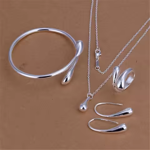 Hot Pretty 925 Sterling Silver Water drop Pendant bangle Bracelet necklace earring ring for women Fashion Party Gift Jewelry set