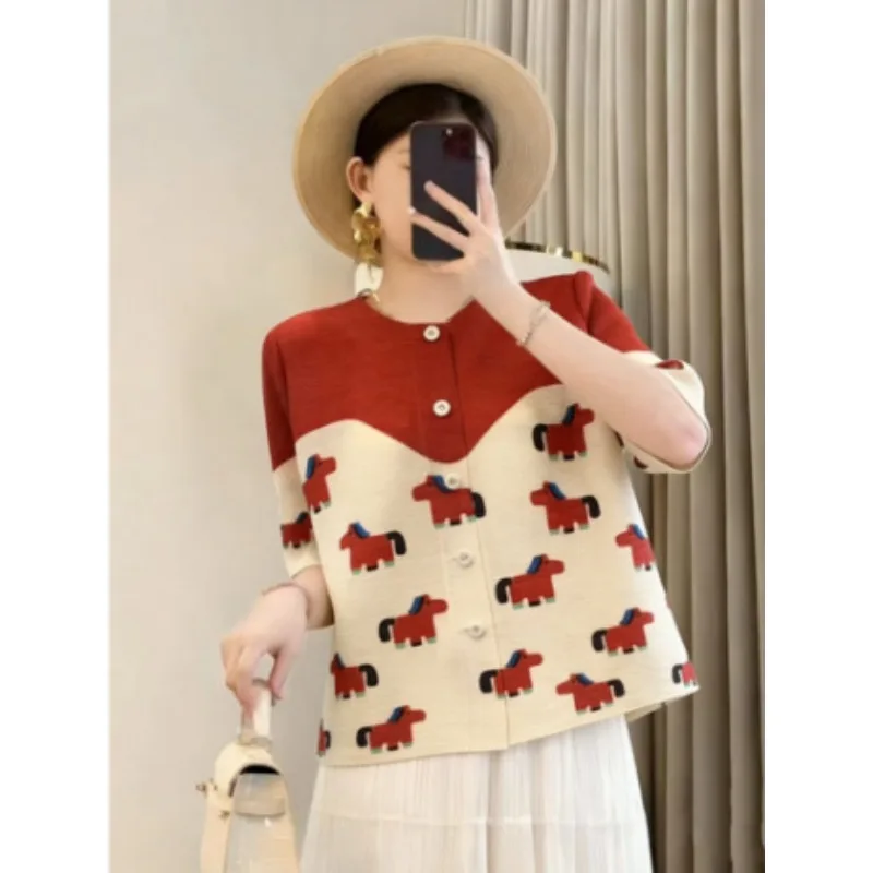 Miyake Pleated Shirt 2026 Summer New Pony Print Color-Block Blouse Fresh Versatile Commuter Button Round Neck Top Plisse Women