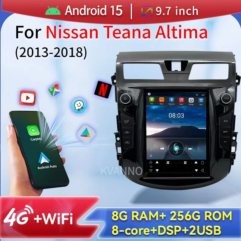 Car Radio For Nissan Teana Altima 2013-2018 2Din Android15 Auto Screen Smart System Wireless Carplay Video Player WiFi GPS DSP