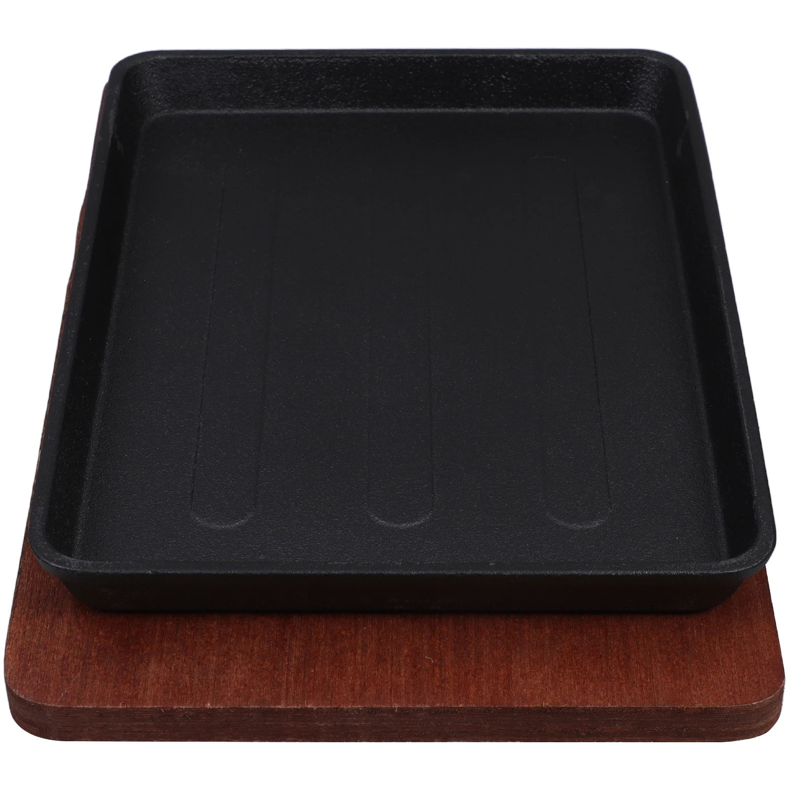 

Rectangular Cast Iron Fajita Skillet 14 Inch Non Stick Steak Plate Sizzling Serving Platter Wood Base Bbq Cooking Tool Kitchen
