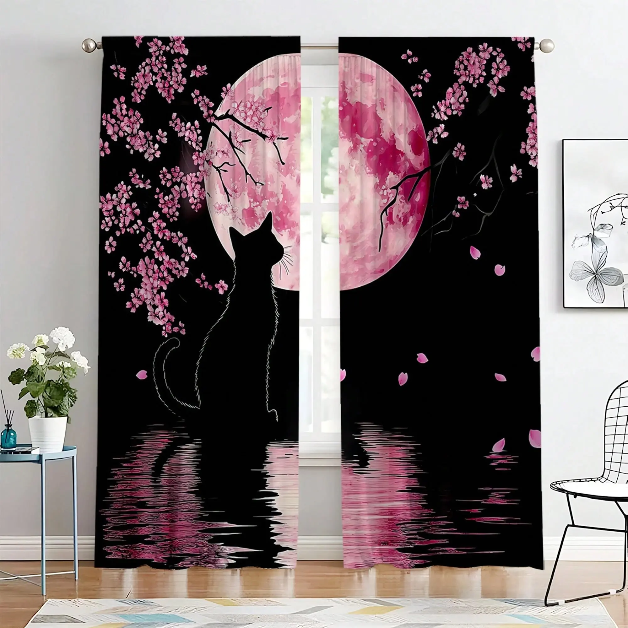 Classic Asian-style bedroom curtains with cherry blossom and black cat moon phase design, living room decorative curtains