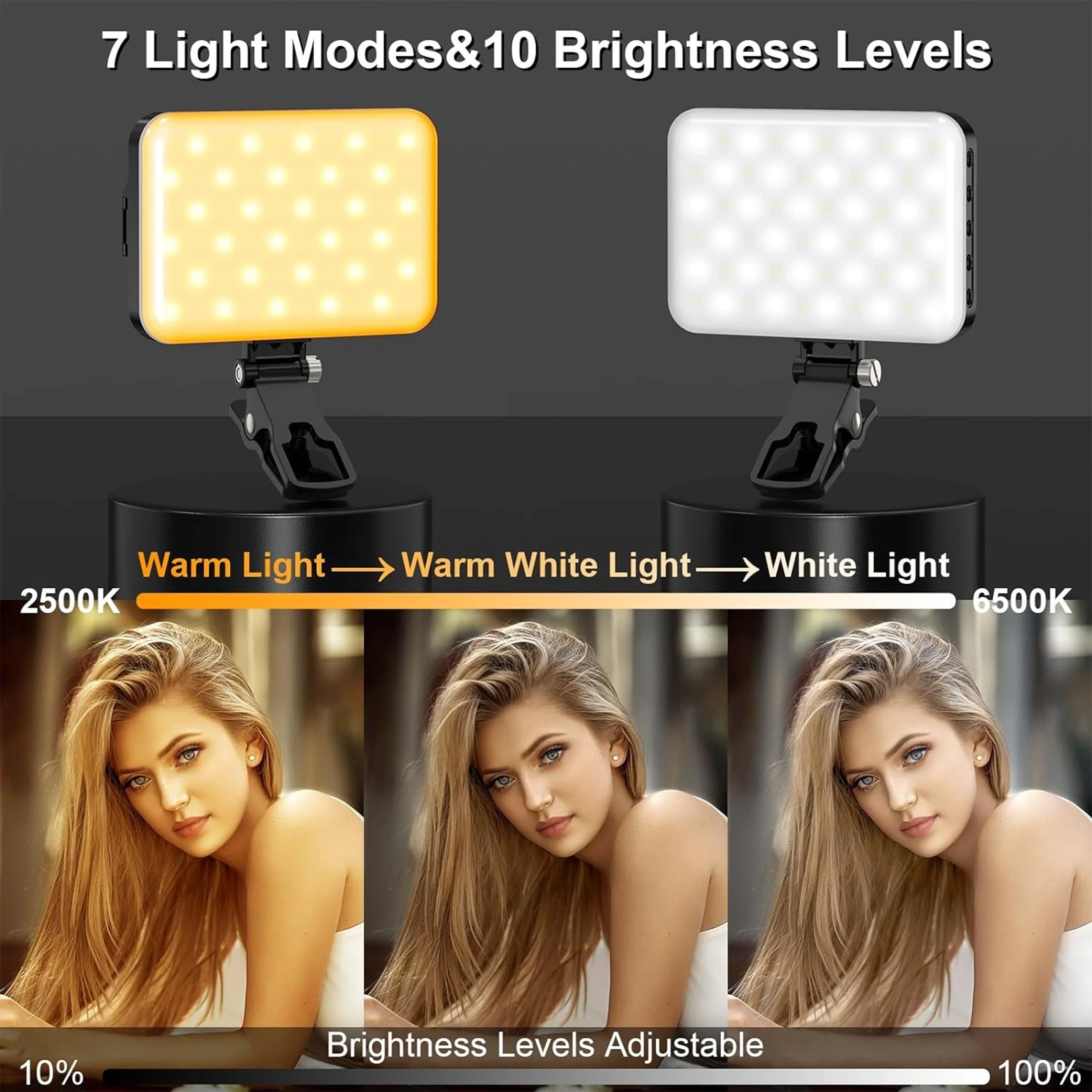 Portable LED Selfie Light with 7 Modes & 10 Brightness Levels, 2200mAh Rechargeable Battery, Clip-On for Phone/Tablet/Laptop – P