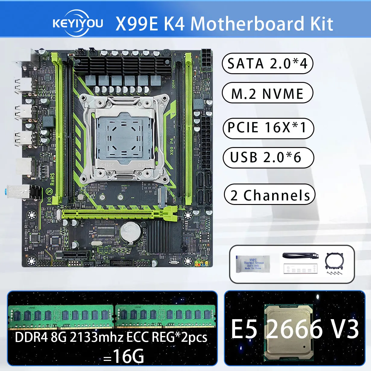 KEYIYOU X99 LGA 2011-3 motherboard kit E5 2666 V3 10 cores/20 threads Kit 16GB 2133MHz DDR4 memory M.2 NVME