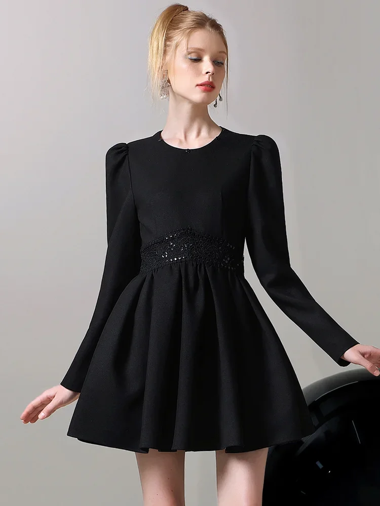 Elegant Black Dress Women Autumn and Winter 2023 New Chic Feather Polo Collar Long Sleeve Slim Waist Slimming Pleated Dress Lady