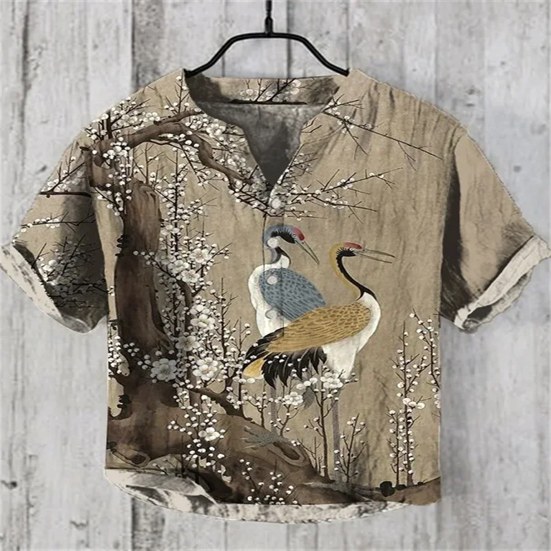 Camisa masculina de gola com gola de gola em linho estilo chinês, casual, manga curta, tops de verão, S-5XL, nova, 2024