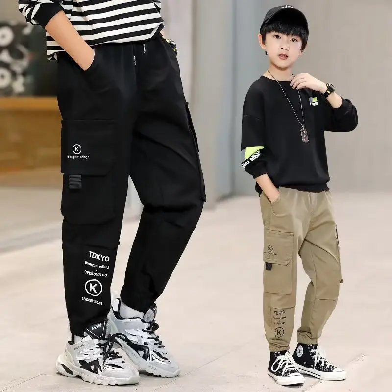 2024 New Boys Letter Print Cargo Pants Thick Trousers for Winter Autumn Kids Fleece Sport Pants Teenage Children Casual Clothes