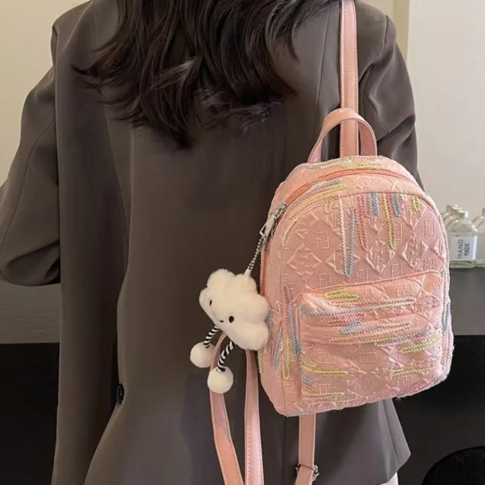 Korean Style Canvas Rucksack Cute Color Stripe Light Lightweight Rucksack with Cloud Pendant Large Capacity School Bag Girls