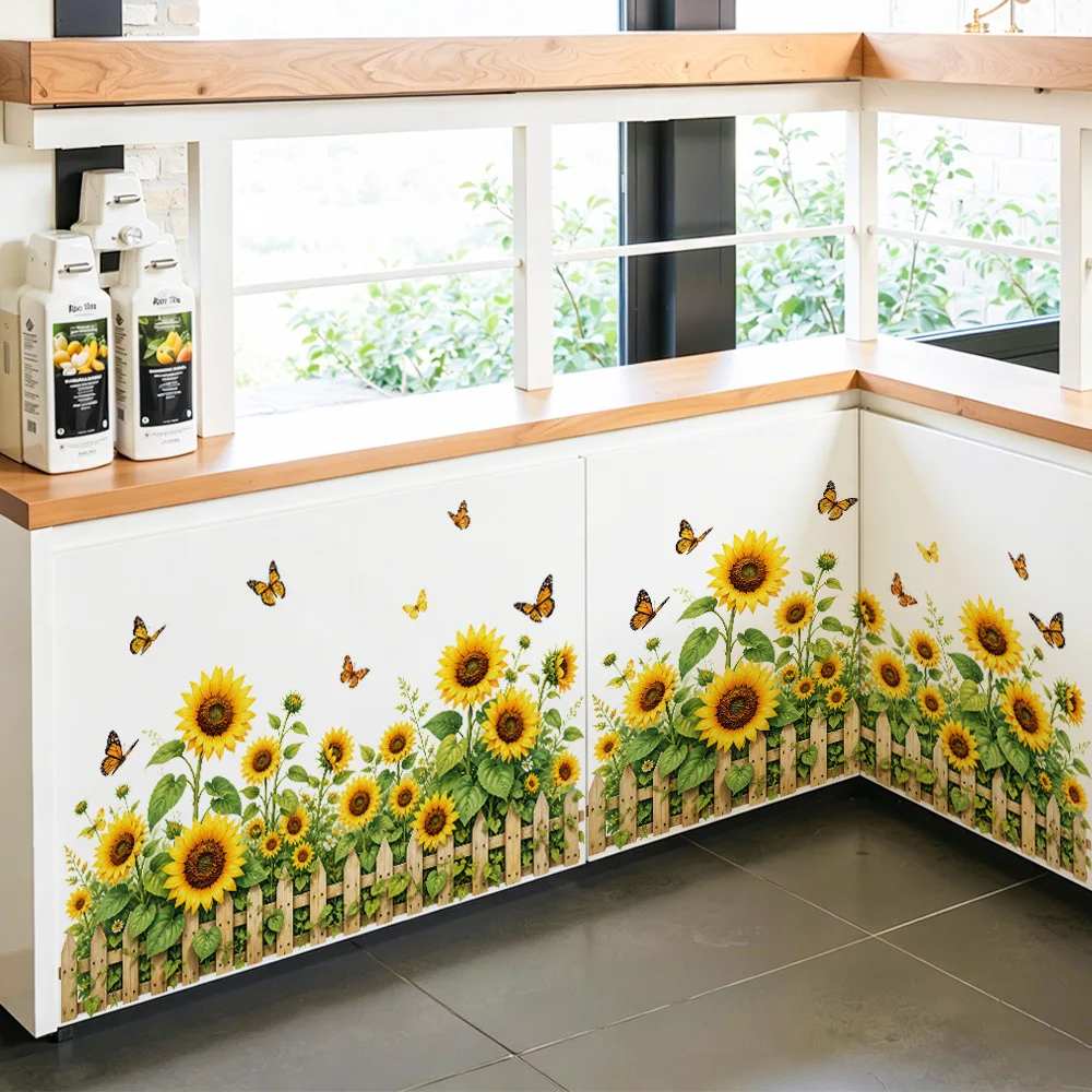 Sunflower Garden Fence Wall Decals, Yellow Sunflower Butterfly Baseboard Stickers, Floral Border for Kitchen Living Room Home De