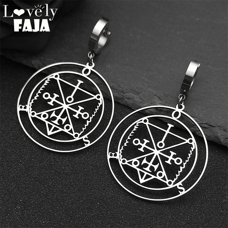 Sigeal Sigil De Lucifer Stainless Steel Satan Hoop Earrings Women OSE Lazer Key Baphomet Stamp Dangle Earrings Jewelry Gift