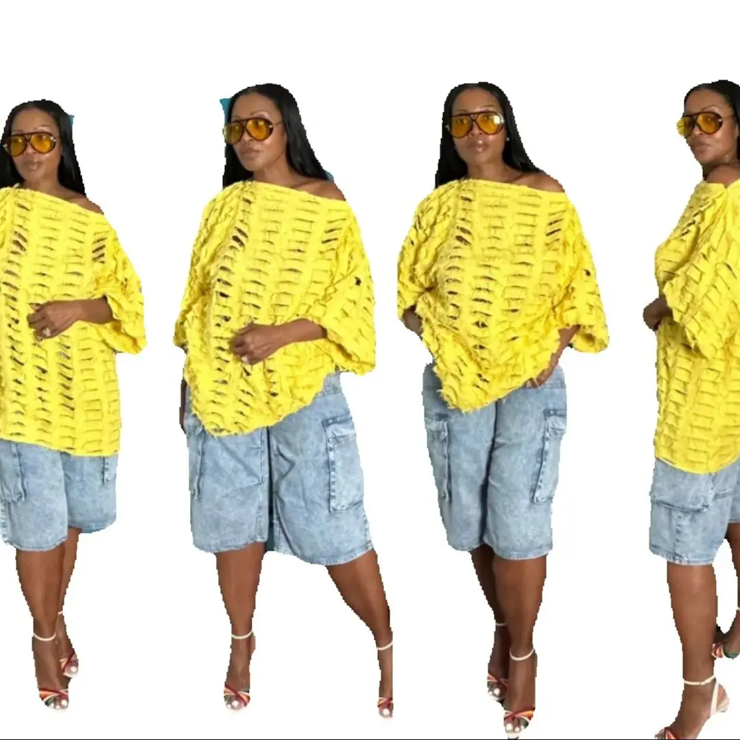 

Women' Fashion Denim Distressed Tops Free Size Summer Europe Popular Hole Denim Shirt African Blogger Stylish Mini Dress