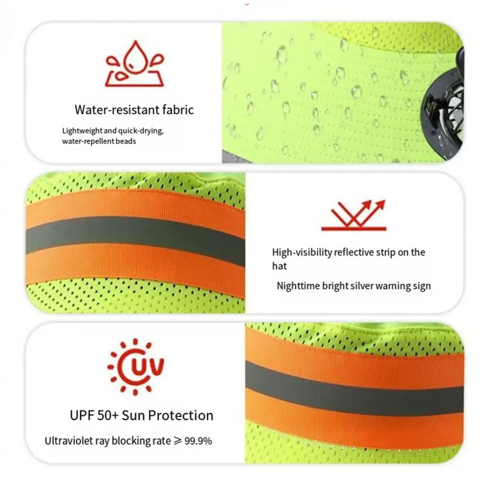 

Sun Hat with Double Solar Fans High-Gloss Reflective Strips Safety Warning Oversized Brim Full Face UV Protection Bucket Hat Coo