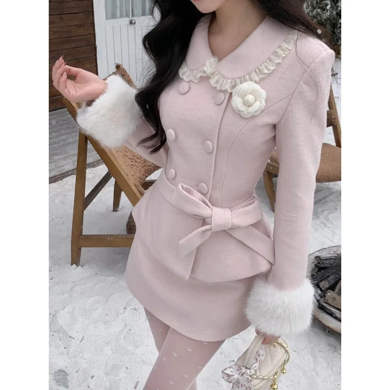 

Зимний корейский модный женский комплект из двух предметов, плюшевое лоскутное пальто с длинными рукавами + облегающая короткая юбка, элегантная французская одежда