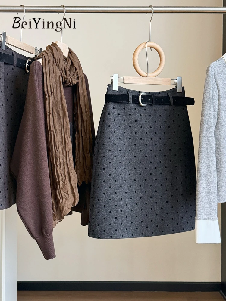 Beiyingni Polka Dot Printed Woolen Short Skirt Women Retro Style Slim Fit Korean Fashion Fall Winter Feminine Sexy A-line Skirts