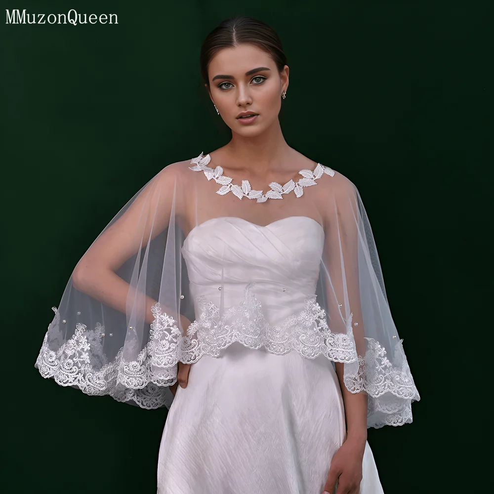 TOPQUEEN Embroidered Lace Pearl Trim Bride Shawl Wedding Accessories Ladies Halter Skirt Dress Customized capa de novia MG46