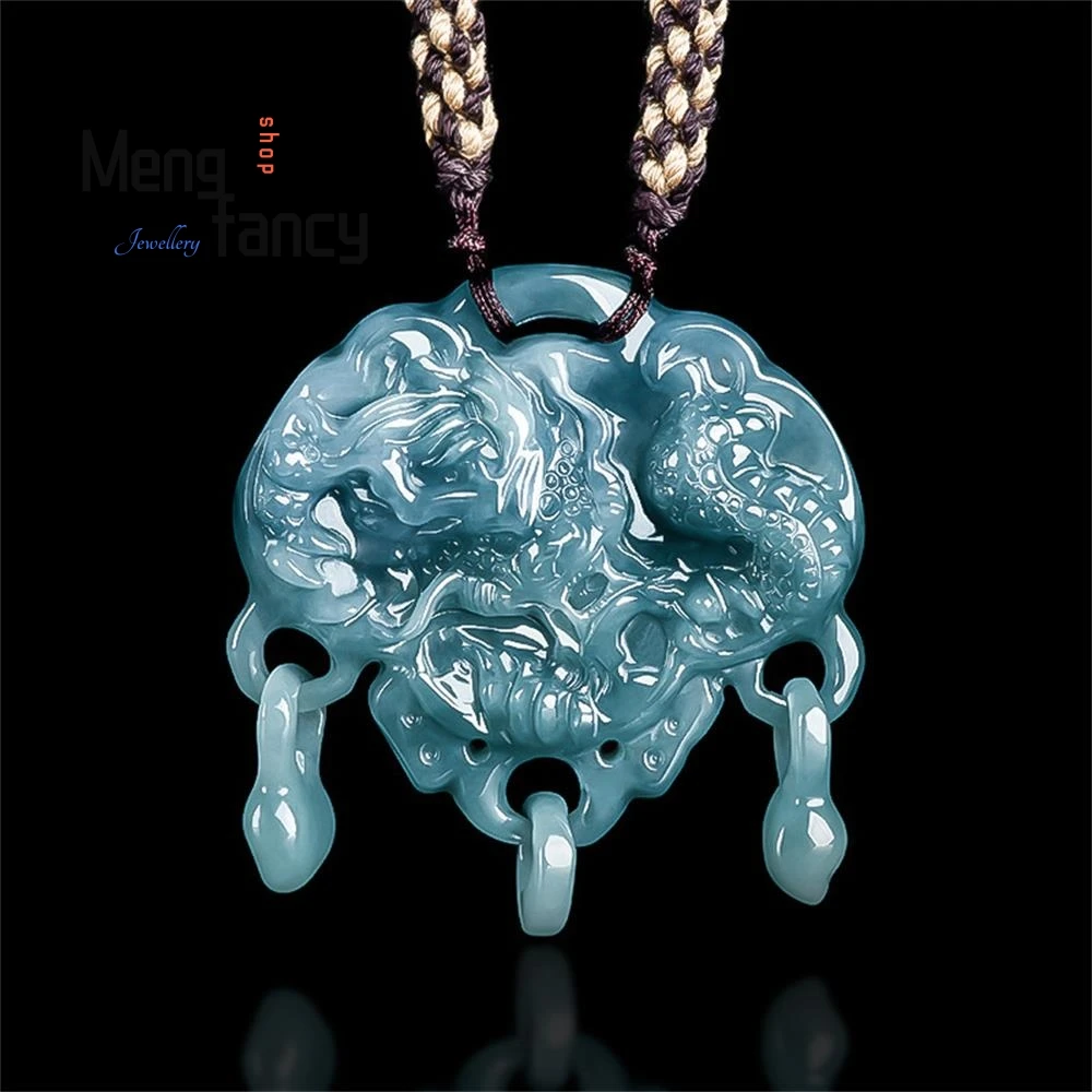 

Natural A-goods Jadeite Blue Water Dragon And Phoenix Like Lock Glutinous Seed Hollow Pendant Exquisite High-grade Holiday Gifts