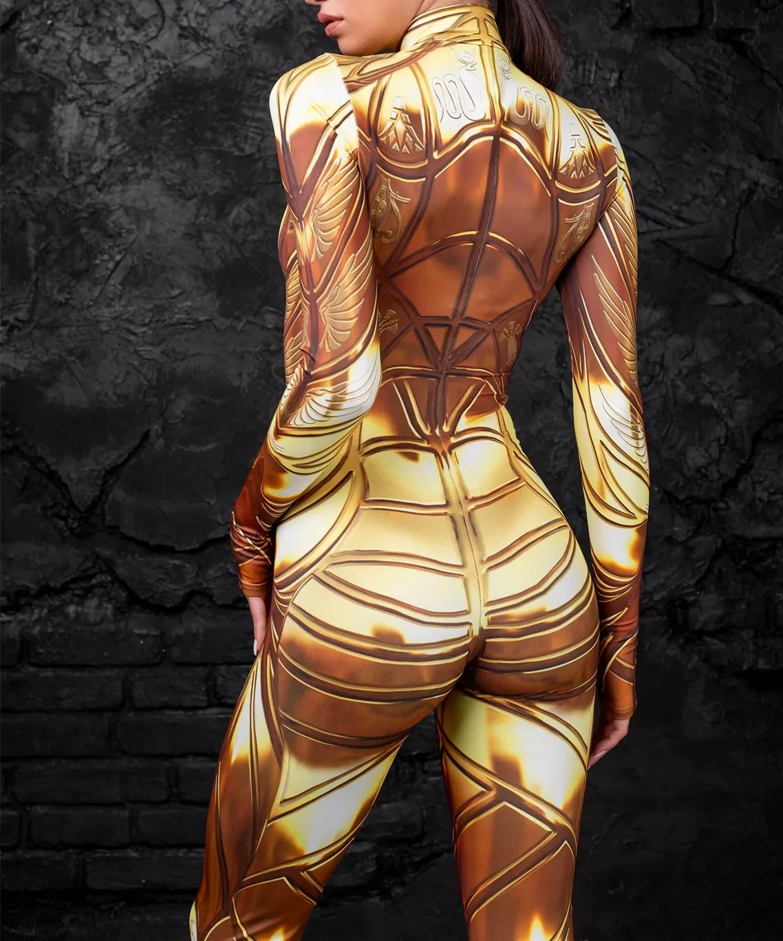 Damen Cosplay Totenkopf Steampunk Kostüm Elastische Bodysuits Cyberpunk Mechanische Goldene Rüstung Jumpsuit Halloween Party Romper – Detail 10