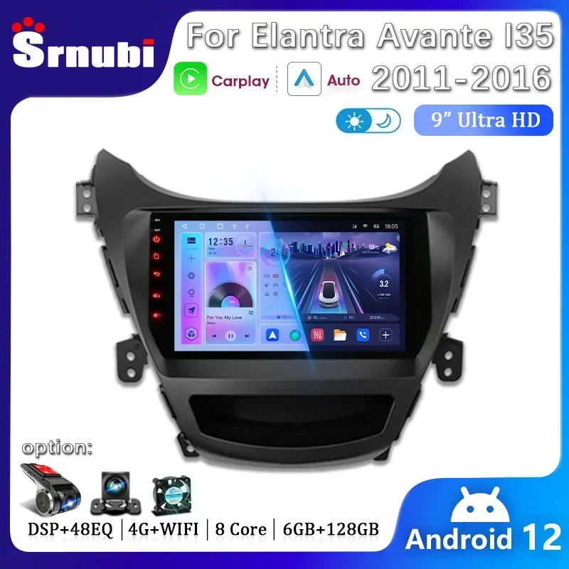 Car Radio Android 12 For Hyundai Elantra Avante I35 2011 - 2013 2014 2015 2016 Multimedia Player GPS Navigaion 2 din Stereo DVD