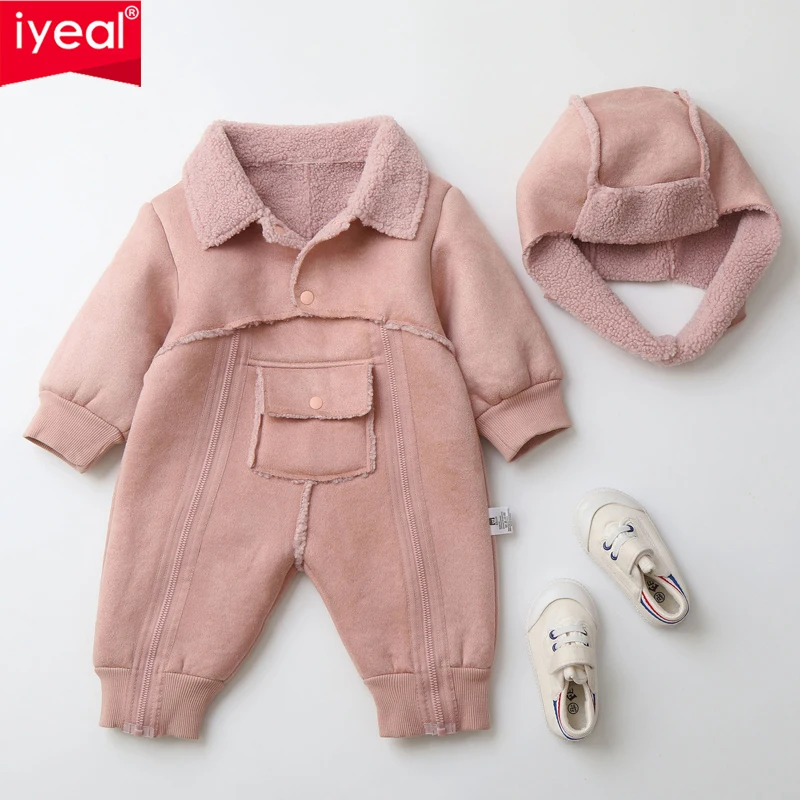 

IYEAL Fashion Autumn Winter Baby Jumpsuit Hooded Newborn Bodysuit Warm Baby Set 0-18M Newborn Boys Girls Jacket and Baby Hat