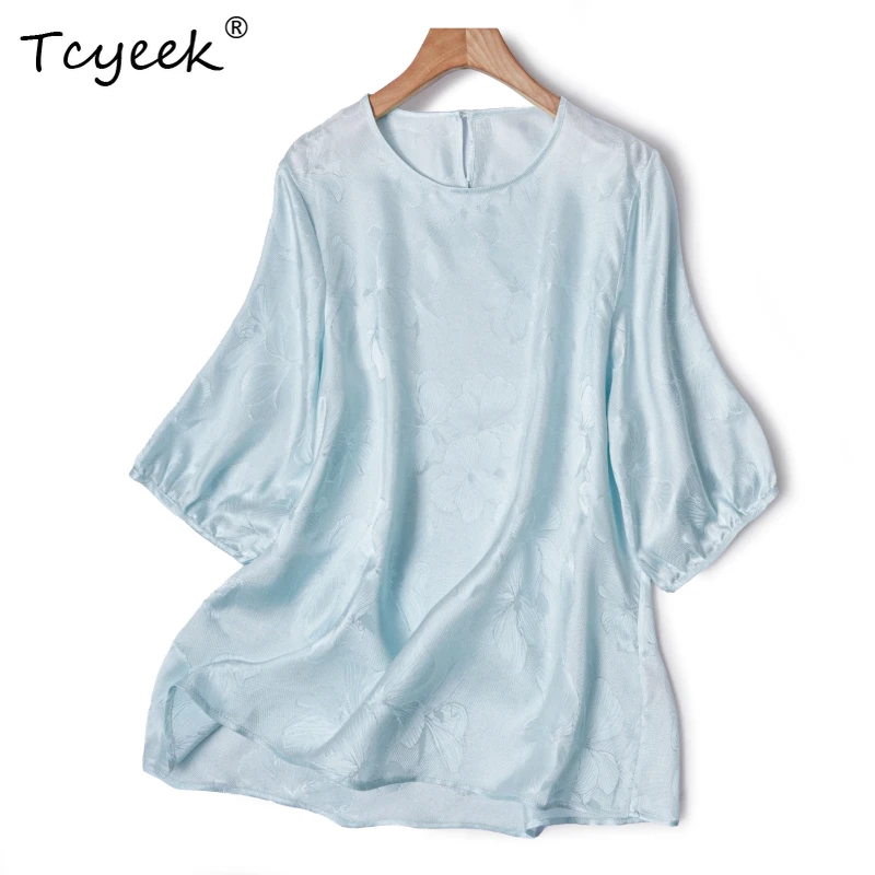 

Tcyeek 100% Real Mulberry Silk Summer Breathable Round Neck Seven Quarter Sleeve Solid Color Women T-shirts Футболки Женскиe