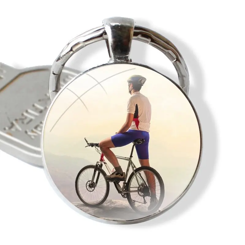 Keychain Handmade Glass Cabochon Key Ring Holder Pendant Key Chains Fashion Creative Cartoon Decor Amazing Mountain Bike Bicycle