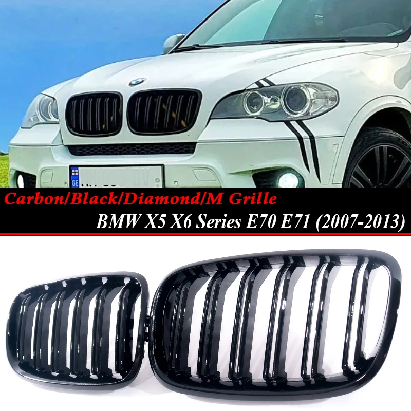 Front Double Line Grille Replacement Racing M Color Carbon Chrome Grilll Accessorie for Bmw X5 X6 2007-2014 E70 E71 2008-2014