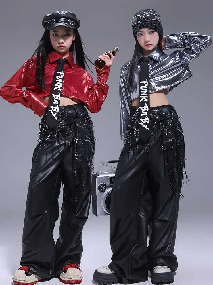 

Girls Hip Hop Silver Crop Shirt Street Dance K-pop Leather Pants Boys Cool Jacket Clothes Sets Kids Child Jazz Shiny Streetwear