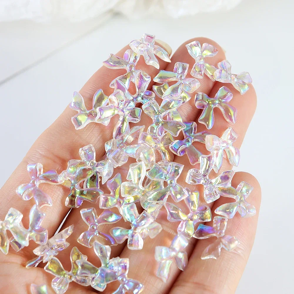 Breloques transparentes pour nail art, ruban Aurora, nœud 3D, Kawaii brillant, accessoires de manucure d'été, fournitures de décoration, N64.30 pièces