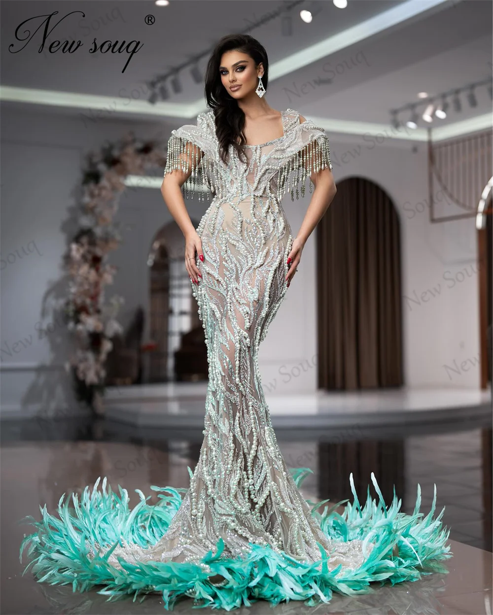 

Huate Coutures Mermaid Evening Dresses Arabic Dubai Pearls Shoulder Celebrity Pageant Dress Robes Feathers Wedding Party Gowns