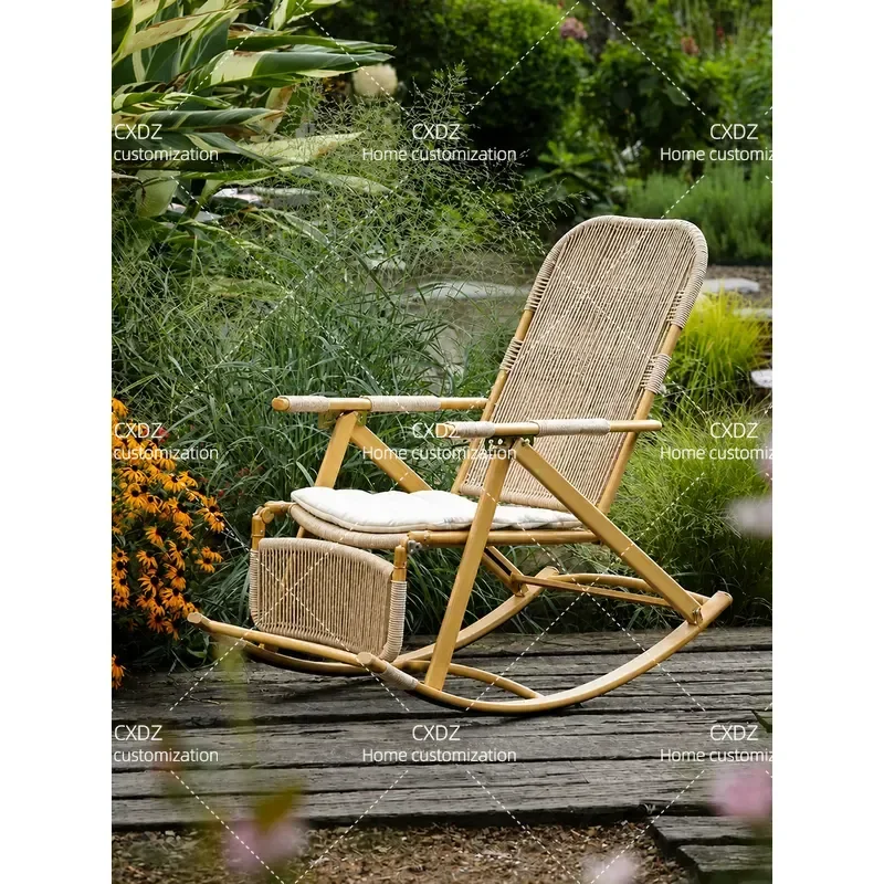 Rattan Rocking Chair Recliner Folding Dual Purpose Sit Sleep Outdoor Balcony Courtyard Leisure Chair with Backrest